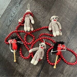 Sock Monkey beaded Christmas garland decor red holiday stick horse